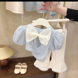Baby Clothes Girls Short Sleeve T-Shirt Top and Bottoms Summer Kids Cute Bowknot Backless Shirt Fashion Flared Pants 12M-6Y 240523