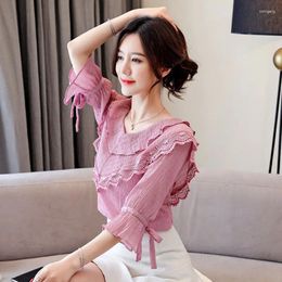 Women's Polos Bell Sleeve Ruffled Chiffon Shirt Spring/Summer V-neck Loose Bow Short Top