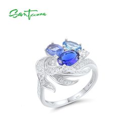 SANTUZZA Genuine 925 Sterling Silver Rings For Women Sparkling Blue Spinel White Cubic Zircon Cluster Ring Trendy Chic Jewellery 240521