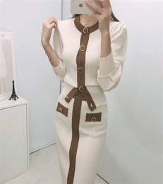 2020 Autumn Korean Knitted Colorblocked Two Piece Sets Women Long Sleeve Cardigan Elastic Waist Long Skirt Suits Outfits6308292