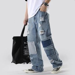 Patchwork maschi pantaloni di denim dritta maschio a metà fora di jeans hip hop uomini sciolti pantaloni da streetwear primavera estate w240 240523