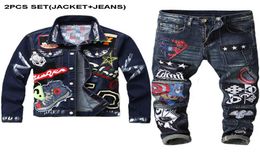 Vintage Denim Jackets Jeans Sets Men039s Slim Beauty Badge Denim Jacket Embroidery Captain Badge Stitching Jeans 2 Piece Set 6314677