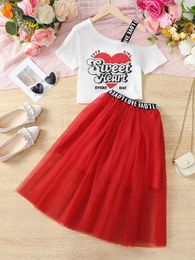 Clothing Sets 2PCS Summer Child Girl Clothes Set Short Sleeve Shoulder Leakage T-shirt Mesh Skirt College Style Costume For Kid 8-12Years