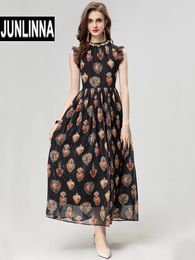 Casual Dresses JUNLINNA Women High Street Dress Summer Fashion O-Neck With Rhinestone Beading Sleeveless Long Vestidos Elegant Printing