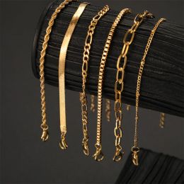 Maximum 6PCS Vintage Gold Colour Metal Flat Snake Chain Bracelet Set for Women Men Simple Cuban Twist Chain Bracelet Jewellery Gift