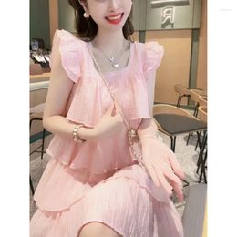 Casual Dresses Sweet Square Collar Ruffles Beading Prom Women's Clothing 2024 Summer Loose Butterfly Sleeve Princess Dress