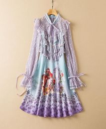 2022 Spring Long Sleeve Round Neck Lavender Print Lace Ribbon Tie Bow Panelled Short Mini Dress Elegant Casual Dresses 21D1611173783061