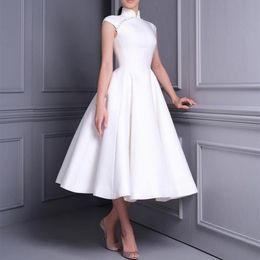 ヴィンテージショートサテンハイネックウェディングドレスポケット付きA-Line Ivory Modern Vestido de Noiva Tea Lengt