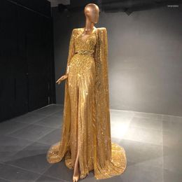 Party Dresses Scz050 Luxury Gold Dubai Evening With Cape Sparkly Beaded Elegant Long Formal Dress For Women Wedding