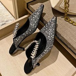 Dress Shoes 2024 Fashion Bling Rhinestone Pointed Sandals Pumps Desiger Luxury Imitation Pearl High-heeled Party For Women