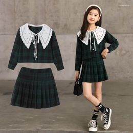 Clothing Sets Teenage Girls JK Suit Dress Spring Autumn Children Lapel Long Sleeve Top Pleated Skirt 2 Piece Set Trend 3-15Y