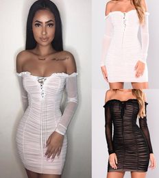 Sexy Chiffon Pleated Nightclub Dresses Women Solid Off Shoulder Long Sleeve Lace Up Ruffle Low Cut Wrap Mini Cocktail Party Club D1417343