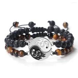 Strand 2Pcs/Set Fashion Dragon Tai Chi Gossip Couple Bracelet 6mm Natural Tiger Eye Black Lava Beads Yin Yang Bangle Friendship Jewelry