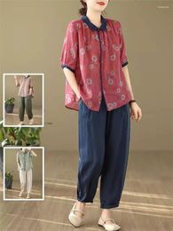 Women's Two Piece Pants Women Summer Casual Shirt And Harem Arrival 2024 Vintage Style Floral Print Loose Female Pant Suits 2 Sets K1188