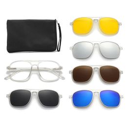 2333A Transparent Frame Men Wome Sunglasses Magnetic Clip 6 In 1 Magnetic Night Vision Clip Glasses Square Polarised Eyeglass 240515