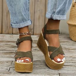 Fashion 46 Sandals Wedge for Summer Casual Non-slip Peep Toe Platform Shoes Rubber Sole Buckle Elegant Heels Women b20 Platm
