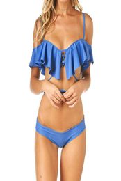 Sexy Shoulder Ruffled Bandeau Thong Biquini Strappy Swimsuit Swim Wear Bathing Suit Swimwear Women Brazilian Bikini3201470