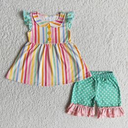 Clothing Sets Wholesale Summer Baby Girl Kids Colourful Striped Lapel Top Set Toddler Ruffle Green Dots Shorts Children Outfit Clothes