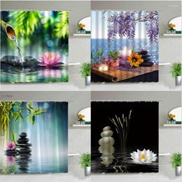 Shower Curtains Zen Landscape Flowers Plant Green Bamboo Black Stone Scenery Bathroom Decor Waterproof Cloth Hanging Curtain Set