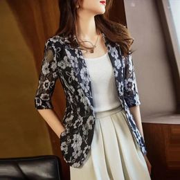 Women's Suits 2024 Autumn Korean Small Suit Jacket Female Lace Embroidery Hollowed Out Slim One-third Sleeve One Button Top