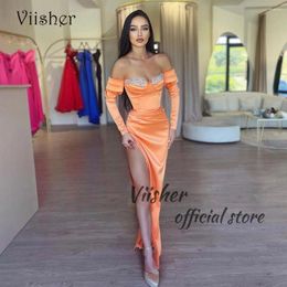 Party Dresses Viisher Orange Satin Mermaid Evening With Slit Beads Sweetheart 3/4 Sleeve Formal Prom Dress Tight Long Gowns