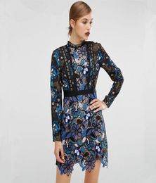 2019 Vintage Women Fashion Blue Lace Runway Party Dresses Long Sleeve Hollow Out Leaf Aline Kneelength Dress Y190511021030568