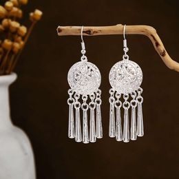 Miao geometric style bell tassel Ethnic minority Bohemian long leaf earrings