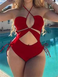 Women's Swimwear Sexy Pleate Cut Out Ruched Swimsuit Women 2024 Black Red Push Up Drawstring Cross One Piece Beach Bathing Suit Monokini