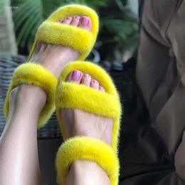 Women's Arrival Sandals Furry Slides Mink Slippers Flat Heel Woma a98