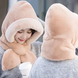 2023 Winter Warm Hats Scarf Set Hooded for Women Plush Neck Warm Hats Outdoor Ski Windproof Hat Thick Plush Fluffy Beanies