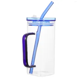Mugs Square Cups Glass Lid Bottle Tumbler 14.3X9.3CM Iced Coffee Handle Drinking Can Blue Water Straw