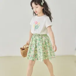 Clothing Sets Korean Style Summer Girls Clothes Short Sleeve T Shirts Floral Printed Skirts 2 Pcs