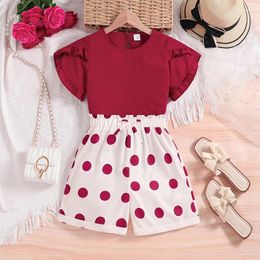 Clothing Sets 2024 Summer Child Clothes Short Sleeve Ruffles T-shirt Dot Red Shorts 2 Piece Designer Girls 8-12T
