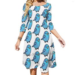 Casual Dresses Chubby Blue Parrotlet Square Neck Dress Cute Loose Print Beach Party Birb Birblr Bird