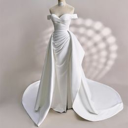 Elegant Long Off Shoulder Ivory Wedding Dresses With Detachable Train Sheath Satin Asymmetrical Length Lace Up Back Bridal Gowns for Women