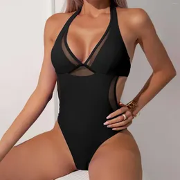 Women's Swimwear Sexy V-Neck One Piece Swimsuit Women Mesh Patchwork Solid With Steel Chest Pad Summer Beach Swimming Bathing Suit Woman