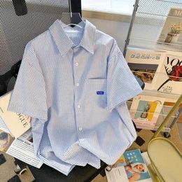 Women's Blouses DAYIFUN Blue Stripe Short Sleeved Shirt Summer Loose Korean Edition Blouse Simple Versatile Polo Collar Cardigan Blusas