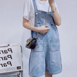 Women's Jeans Summer Women Knee Length Bib Straps Overalls Casual Streetwear Boyfriend Style Pockets Side Striped Loose Fit Denim Shorts