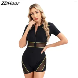 Women's Swimwear Women One-piece Athletic Swimsuit Short Sleeve Padded Boyleg Zipper Sheer Patchwork UPF 50 Rash Guard Beach Surfing