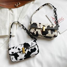 Shoulder Bags Fashion Cow Milk Pattern Handbag PU Leather Women Acrylic Chain Underarm Female Casual Totes