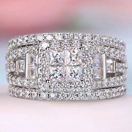 Princess Lab Diamond Finger Ring sets White Gold Filled Party Wedding band Rings for Women Men Engagement Jewellery Couple Gift Qbagf