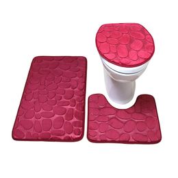 3pcs/set Bath Mat Flannel Anti Slip Absorbent Bathroom Cobblestone Floor Mat Toilet Lid Cover U Shaped Contour Foot Pad Soft Rugs Carpet Machine Washable HW0029