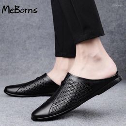 Casual Shoes Mens Slippers Genuine Leather Breathable Half Drag Men Luxury Loafers Summer Outdoor Flats Brown