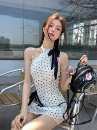 Casual Dresses Korean Style Polka Dot Halter Neck Sleeveless Dress Summer Chic Sweet Girl Bow Lace Up Slim A-line Short For Women