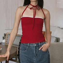 Women's Tanks Y2K Red Chic Elegant Contrast Lace Stitching Tie-up Halter Top Women Coquette Aesthetic Strapless Slim-fitting Camis