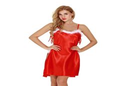 Christmas Holiday White Fuzzy Trim Red Satin Toga Chemise with Panty Set Women Sexy Santa Intimate Apparel Lingerie Sheer Sleepwea4303179