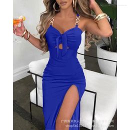 Casual Dresses 2024 Women's Summer Dress Sexy Spaghetti Strap Chain Hollow Out Party Sleeveless V-neck High Waist Slit