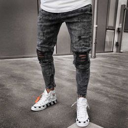 Men's Jeans Mens retro snow wash Distressed stretch tear bicycle jeans hip-hop ultra-thin fit holes punk denim pants Pantnes Hombre zipper jogger Q240525