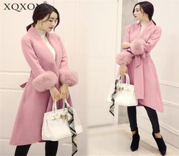Розовые шерстяные пальто женские женские искусственные мех теплый 2020 зимний, новая женская стройная длинная пальто с большим 4хл женским шерстяным пальто с поясом 6676477