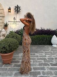 Elegant Women Halter Lace Leopard Print Maxi Dresses Long Dress Fashion Backless Sleeveless Female Party Evening Vestido 240523
